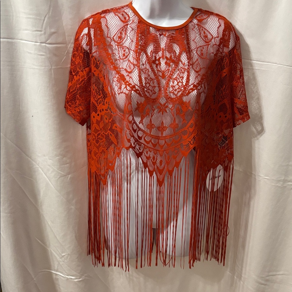 SHEIN Vibrant Orange Lace Fringe Blouse
